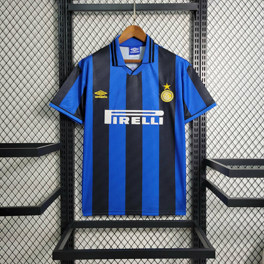 Inter Mailand 1995/96 ~ Blaues und schwarzes lokales Retro-T-Shirt